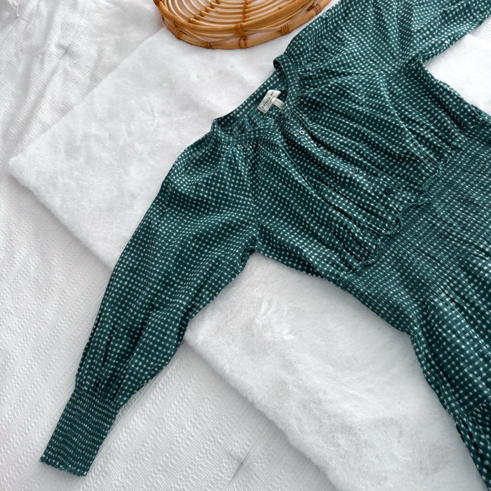 Apiece Apart La Ventura Maxi Dress Green Smocked Long Sleeves Mini Gingham - Picture 8 of 11
